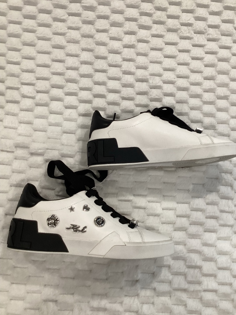 Karl Lagerfeld White and Black Kids Sneakers with Decorative Charms